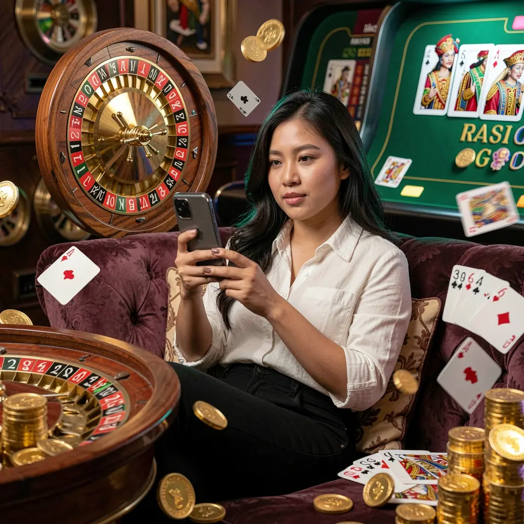 Confident Filipino woman relaxing on a sofa while using the DD9D9 casino app surrounded by floating gold coins poker chips and roulette details
