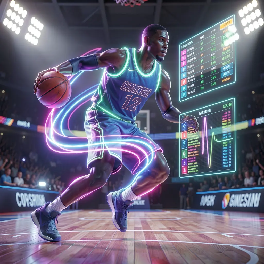 Dynamic holographic basketball player with neon trails inside a futuristic stadium highlighting immersive live sports betting on DD9D9 in the Philippines