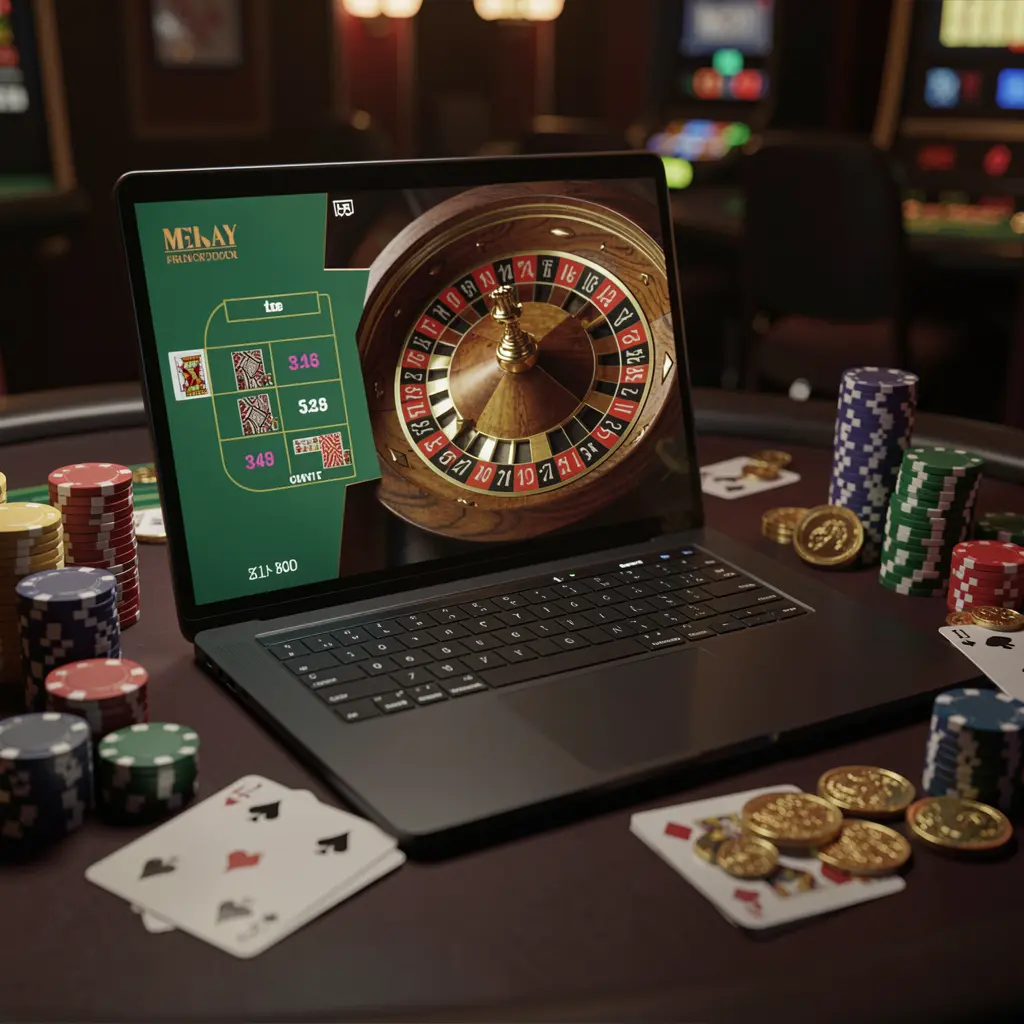 Luxury online roulette experience on a laptop surrounded by casino chips and cards highlighting the premium atmosphere of DD9D9 casino for players in the Philippines