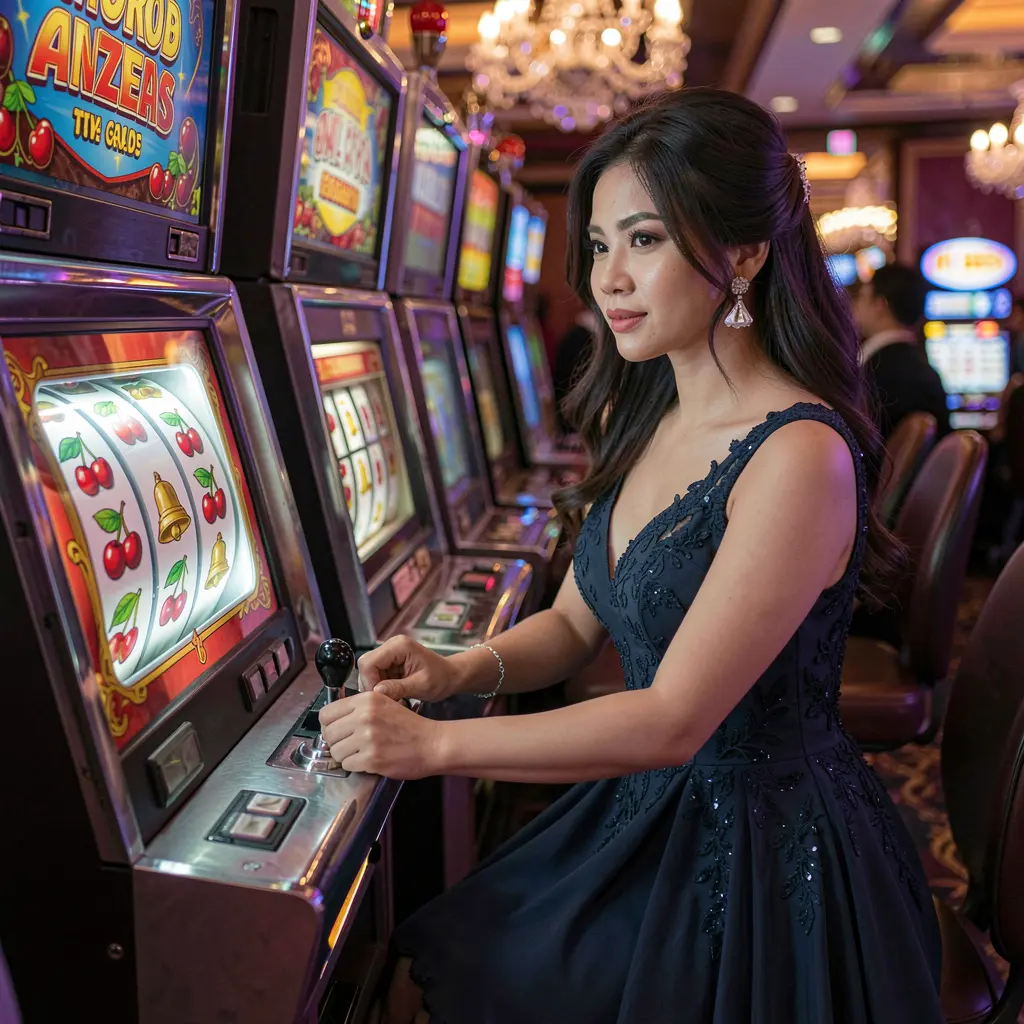 Elegant Filipino woman in a glamorous evening dress playing a classic slot machine with glowing cherries and bells at DD9D9 casino atmosphere in the Philippines